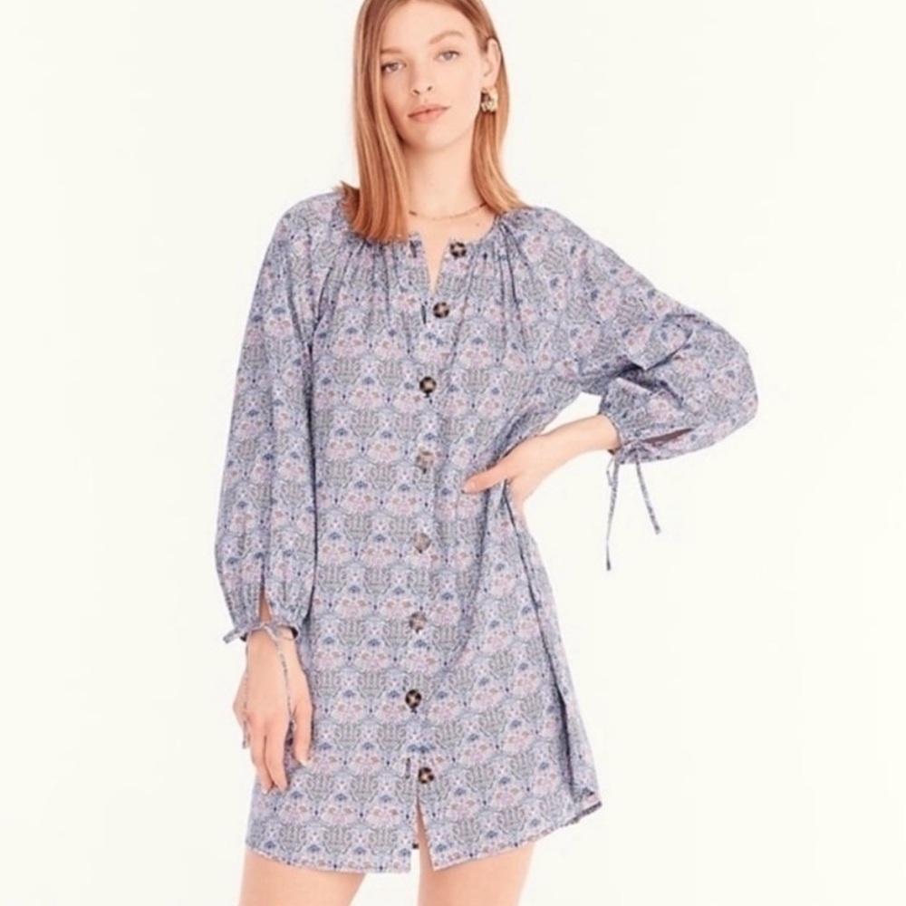 J. Crew x Liberty Floral Dress Knee Length Buttons Long Sleeve Blue Purple